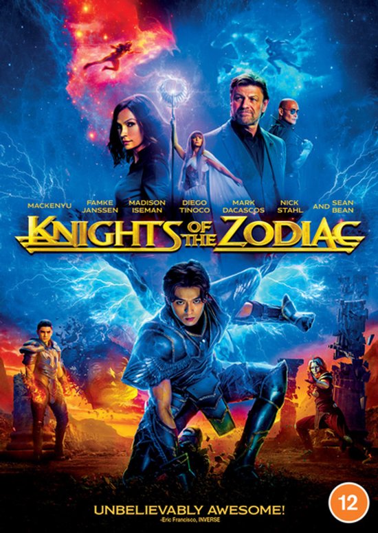 Knights of the Zodiac DVD cover met hoofdrolspelers in een dynamische pose, met de titel in goud.