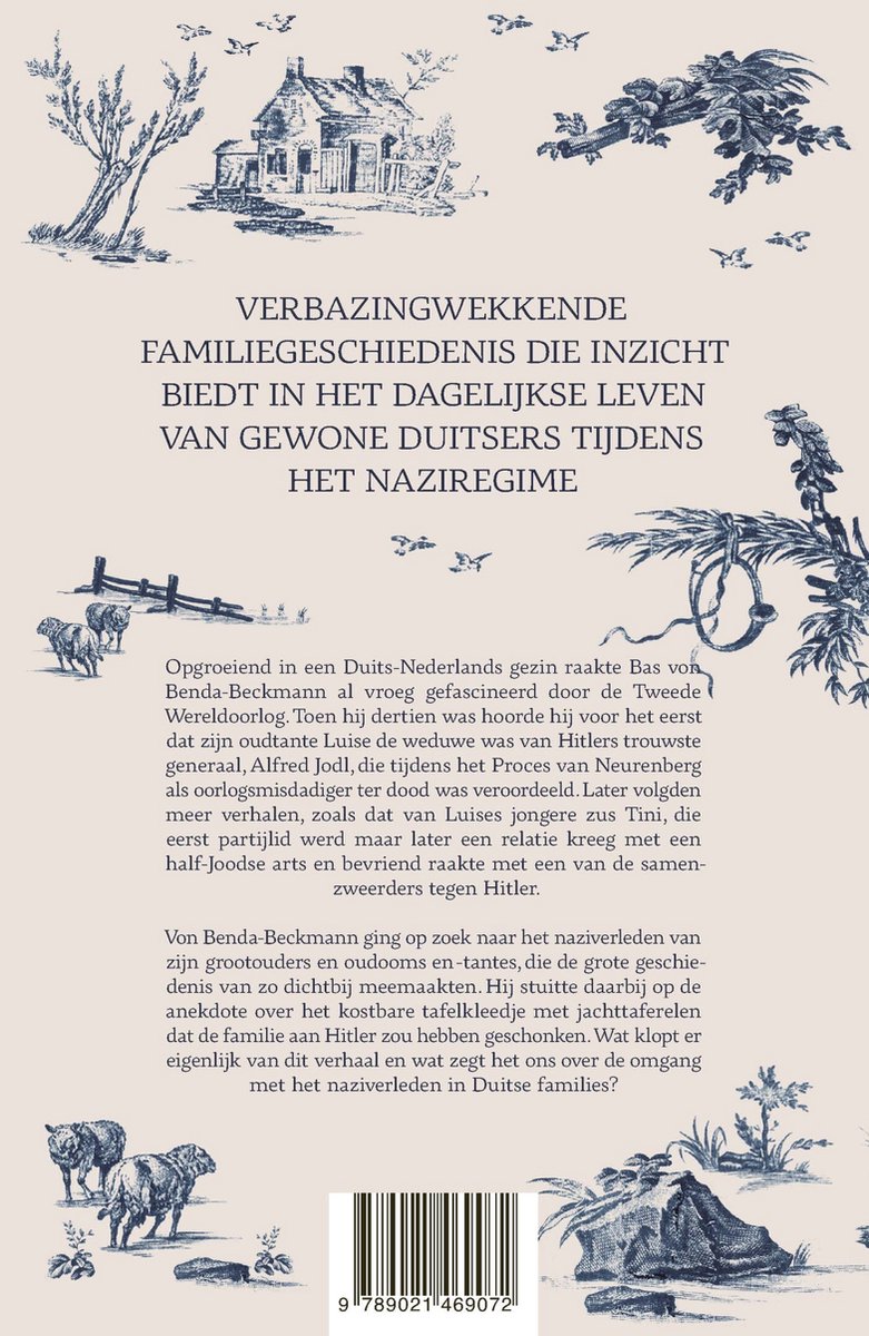 Achterkant boek met tekst en blauwe tekeningen van schapen, een hond, een huis en bomen. Een huis met de tekst "Winnnaar Libris Geschiedenis Prijs 2024" staat bovenaan.