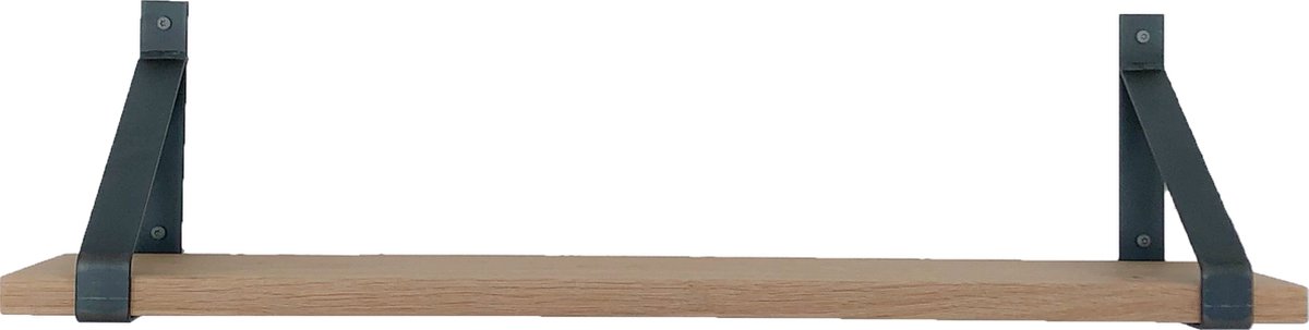 GoudmetHout - Massief eiken wandplank - 220 x 20 cm - Licht Eiken - Inclusief industriële plankdragers MAT BLANK - lange boekenplank