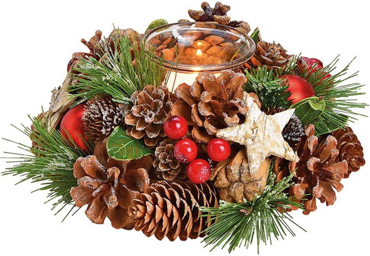 Windlicht Kerstkrans tafelornament- 1 Windlicht van glas - 17-10-17 cm