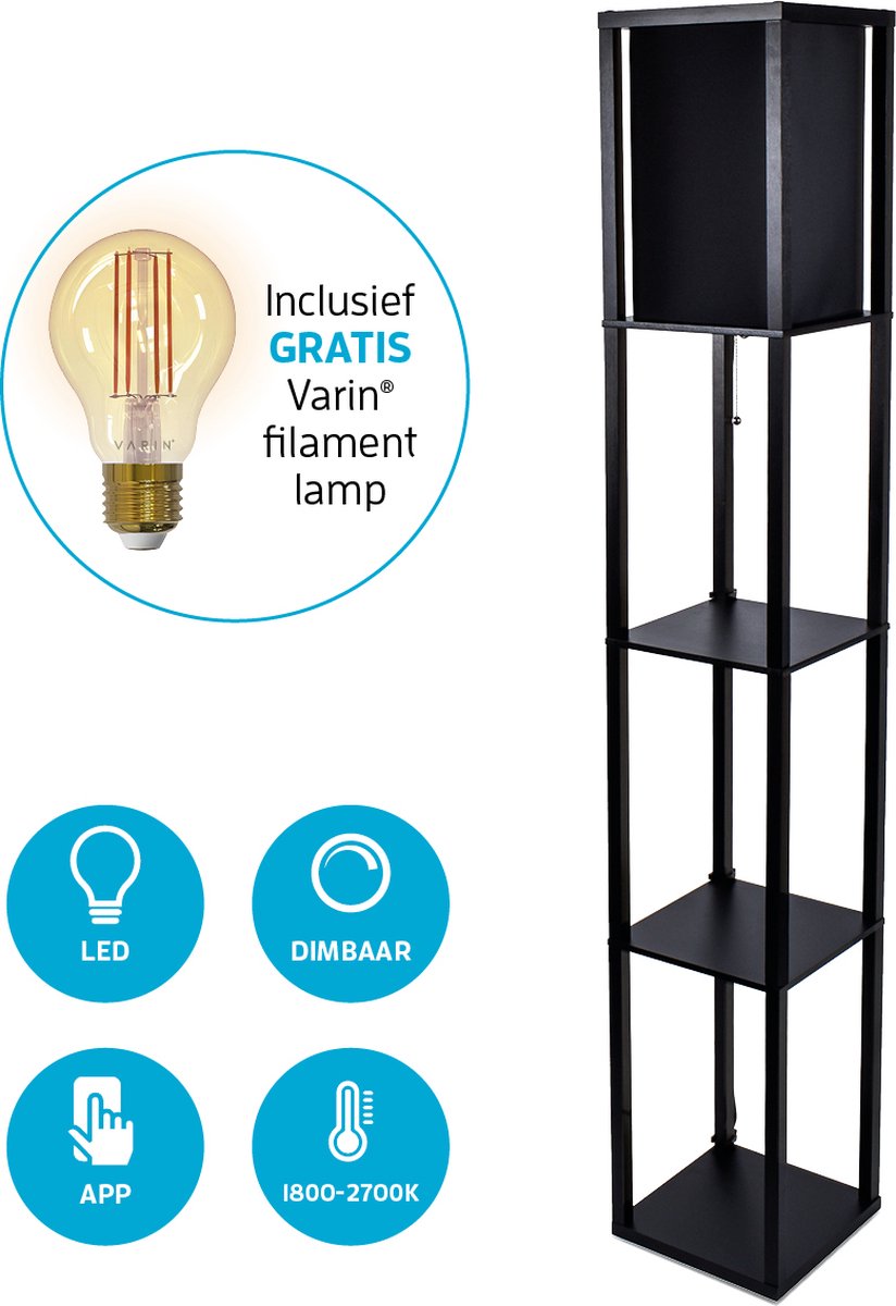 Varin® Vloerlamp met vakken - Zwart - Dimbaar - Witlicht RGB - E27 Led lamp filament - Smart Lamp - Tuya wifi - Slimme staande lampen - Zwart - Sfeerlamp - Vakkenkast - Lamp industrieel - Vloerlampen - Verlichting woonkamer, keuken en slaapkamer