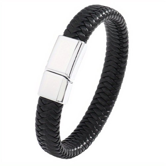 Fako Bijoux® - Armband Leer - Gevlochten - Vlecht - Layer Armband - Magnetische Sluiting - 20.5cm - Zwart/Zilver