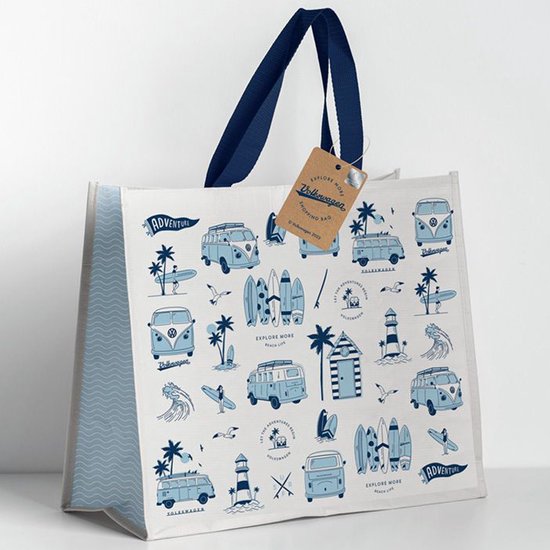 Boodschappentas - Volkswagen Busje VW T1 - Explore - Wit&Blauw - Duurzaam RPET - 33x39,5x18,5cm