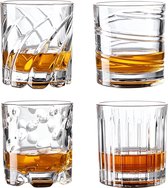Whiskyglazen, 250 ml, set van 4, gepersonaliseerde whiskyglazen met geschenkdoos, draaibaar oud gefashioneerd glas met 4 patronen, unieke cadeaus voor mannen en vrouwen