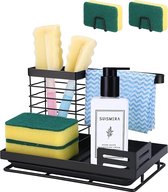 Gootsteenorganizer, keukenorganizer, gootsteen met afvoerpan, spoelorganizer, anti-roest en snel afvoeren, spoelbakorganizer, zwart, voor keuken, badkamer + 2 stuks sponshouders