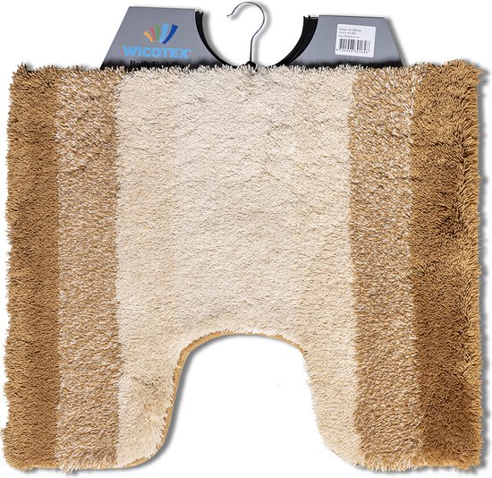 Wicotex wc-mat in zachte beige tinten met strepen en franjes aan de randen.