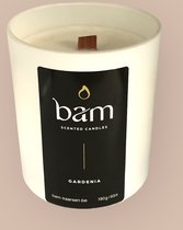 BAM kaarsen -Gardenia geurkaars met houten wiek in een wit potje - op basis van zonnebloemwas - cadeautip - geschenk - vegan