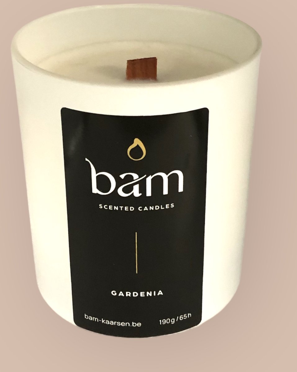 Bam kaarsen -Gardenia geurkaars met houten wiek in een wit potje - op basis van zonnebloemwas - cadeautip - geschenk - vegan