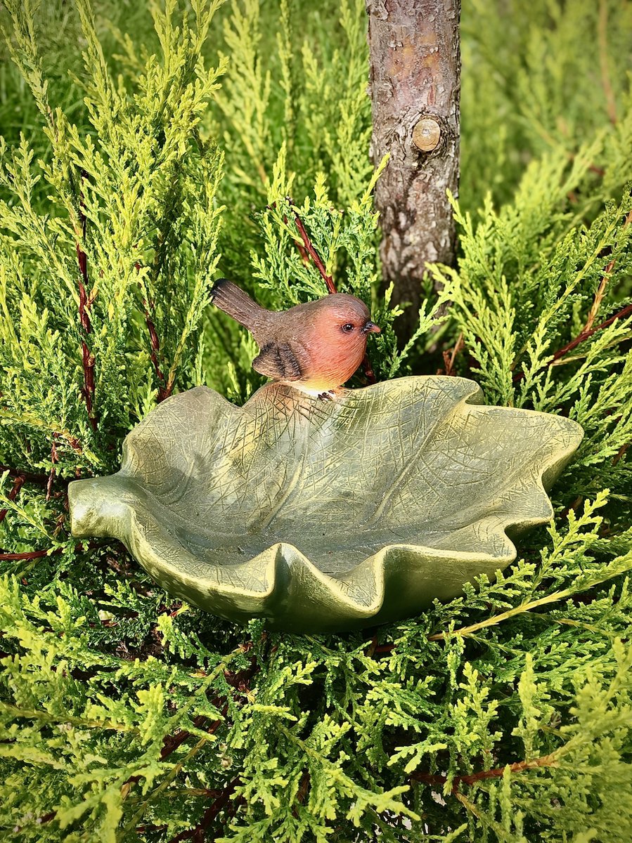 Vogelbad blad roodborst 11 cm hoog - voedersystemen - vogelbadje - polyresin - tuinieren - tuinfiguur - tuindecoratie - tuinaccessoire - geschenk - cadeau - vogelliefhebbers