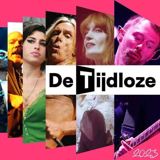Collage de portraits de divers musiciens avec le logo 'De Tijdloze 2023'.