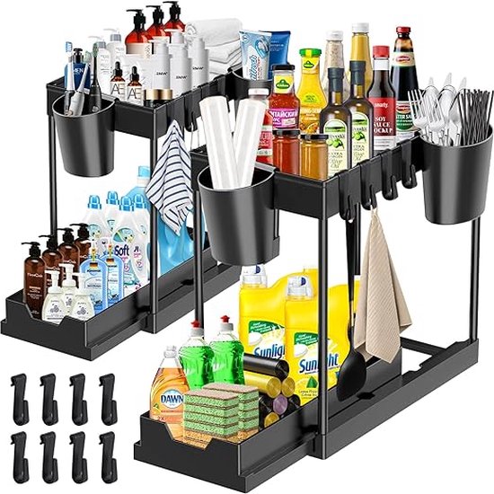 Coovee 2 x organizer voor keukenspoelbak, 2 niveaus, organizer met 4 haken, grote inhoud, uittrekbaar rek onder de gootsteen, voor keuken, badkamer, zwart