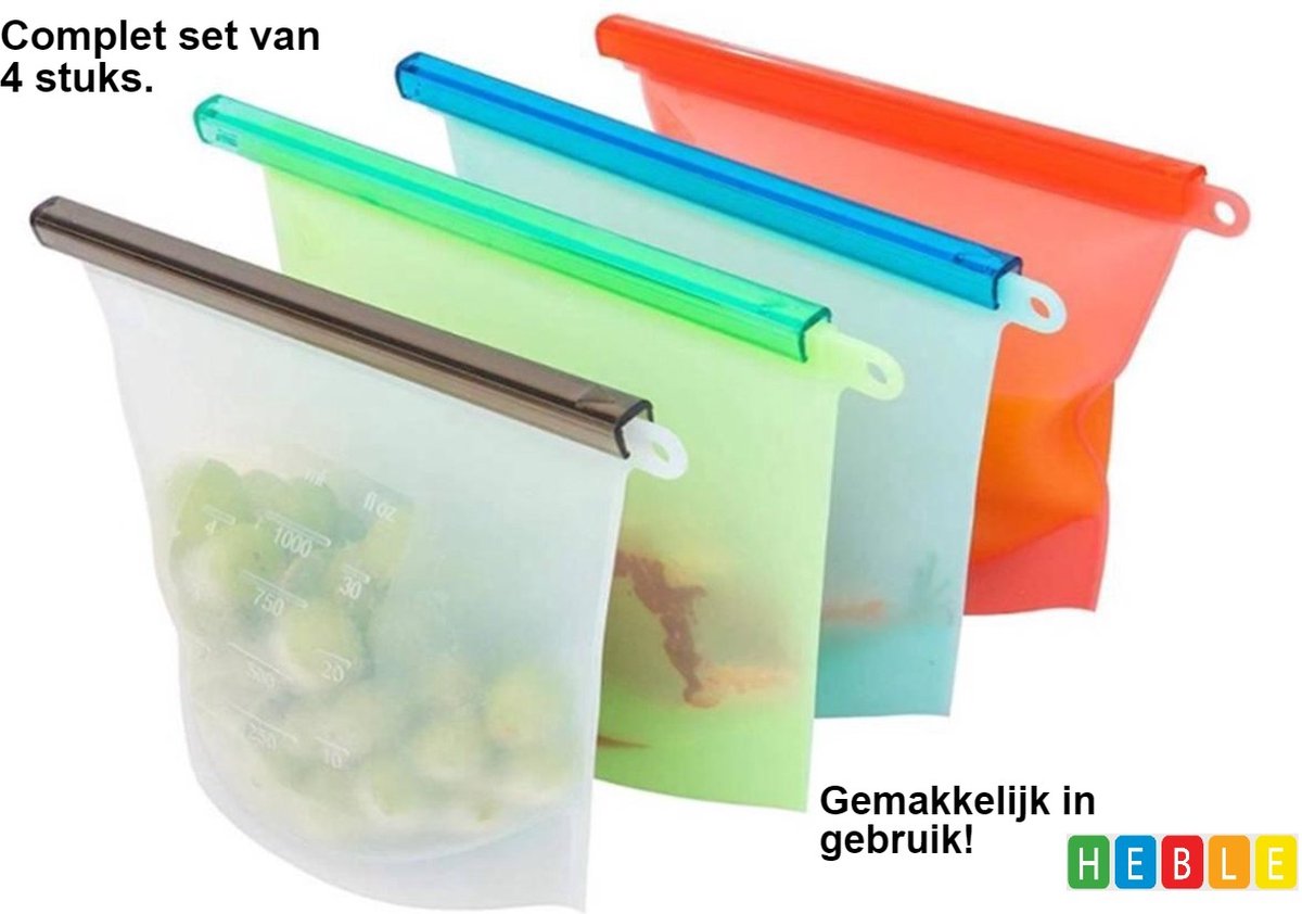 *** 4 Stuks Siliconen Vershoudzakken - Herbruikbaar - Bewaarzakken - Lekvrij - Foodsavers - Fresh Bags - van Heble® ***