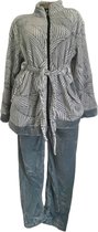 Dames fleece huispak/pyjama met zakken rits en koord S/M 36-38 grijs-groen-wit