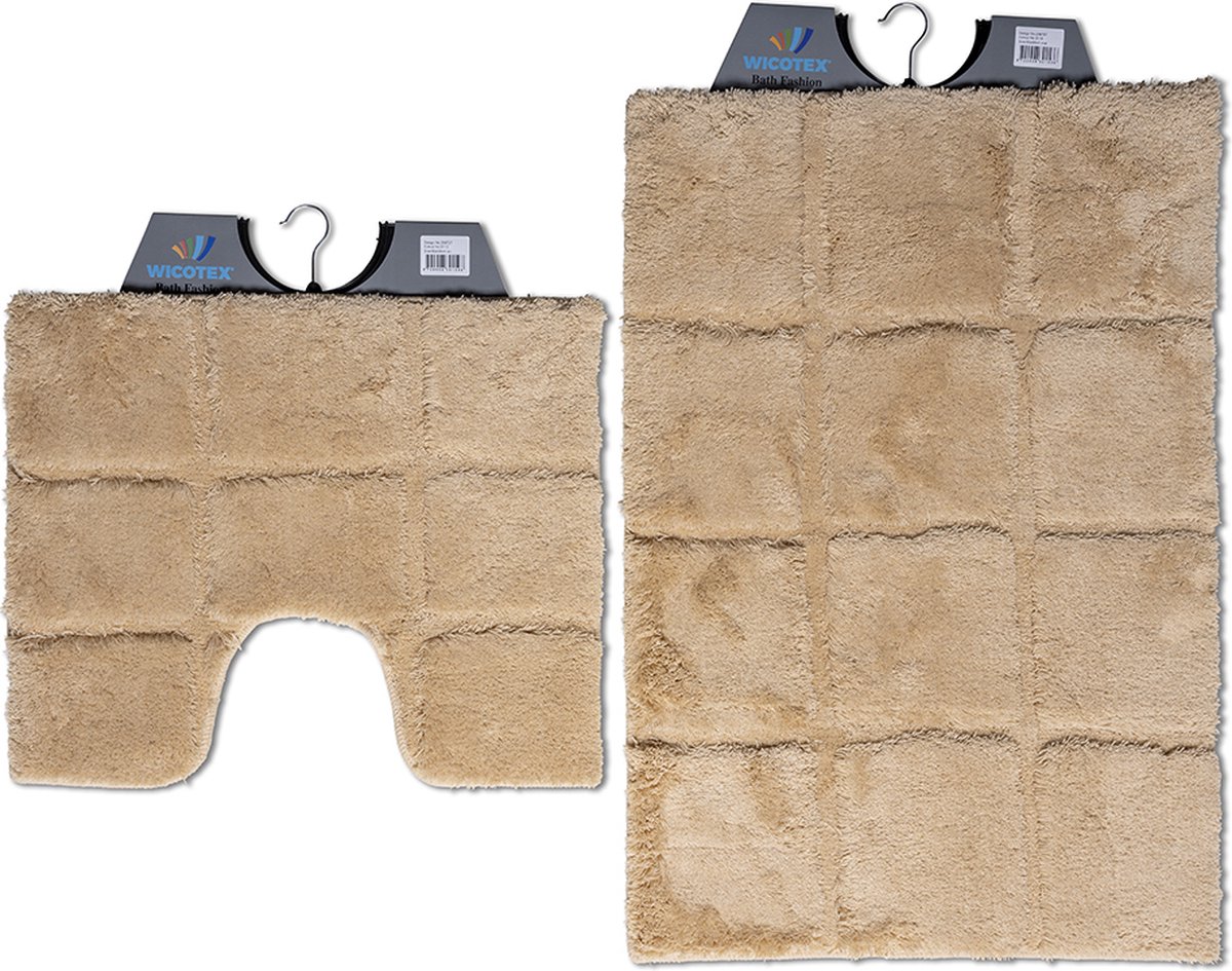 Wicotex - Badmat set met Toiletmat - WC mat met uitsparing ruit Taupe - Antislip onderkant