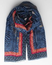 Fiona scarf- Accessories Junkie Amsterdam- Dames sjaal- Katoen- Bladprint- Cosy chic- Blauw met gouden glitters