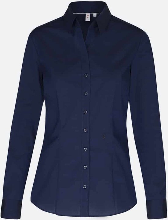 Dames blouse donkerblauw met V-hals volwassen lange mouw strijkarm katoen maat 44