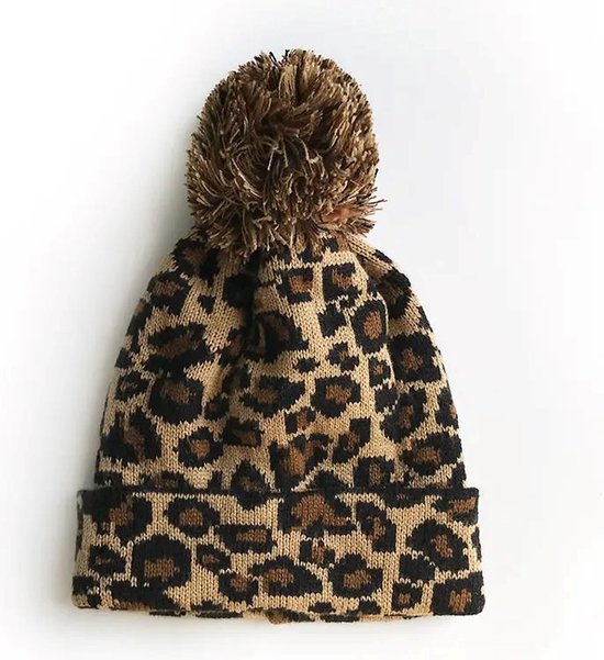 Bruin/zwarte panterprint/luipaardprint muts -voor dames/vrouwen Luipaard/panter dieren artikelen - Winterkleding/buitenkleding
