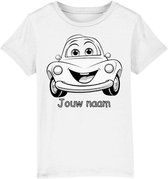 Inkleurbaar t-shirt kinderen – auto - kinderspeelgoed – 7 tot 8 jaar - eigen naam – gepersonaliseerd – kleuren – viltstiften voor kinderen – t-shirt