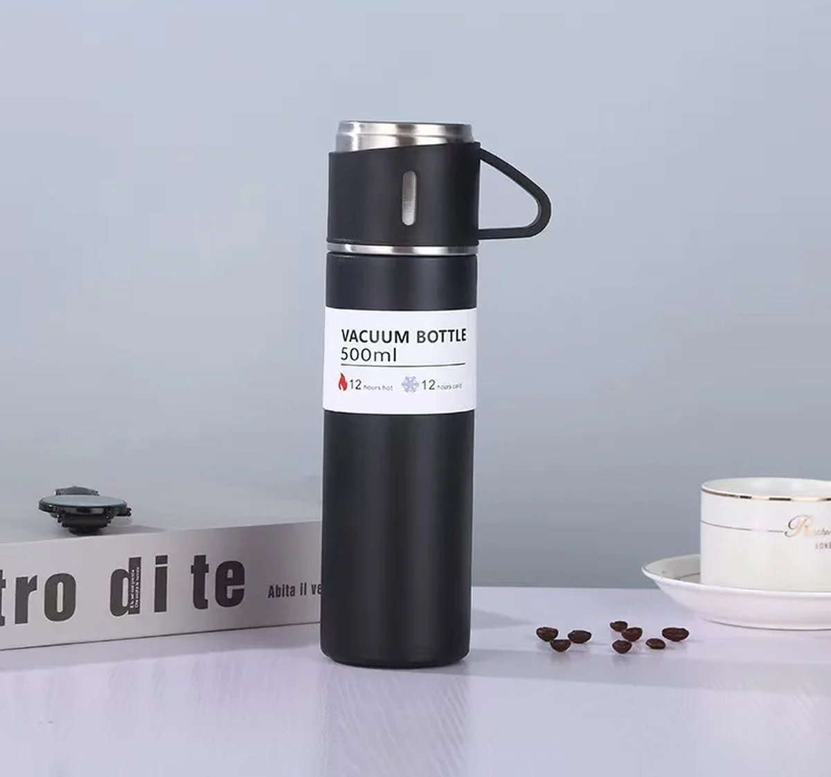 Bouteille acier inoxydable gris eau, café thé, thermos avec tasses original  neuf