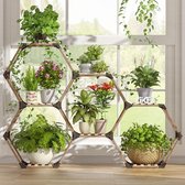 Hexagonale Plantenstandaard voor binnen en buiten, gemaakt van creatief DIY-houten plantenrek. Bloemenrek voor ramen, hoeken, woonkamer, balkon, tuin en kantoor (7 verdiepingen, 141 x 25 x 97 cm).