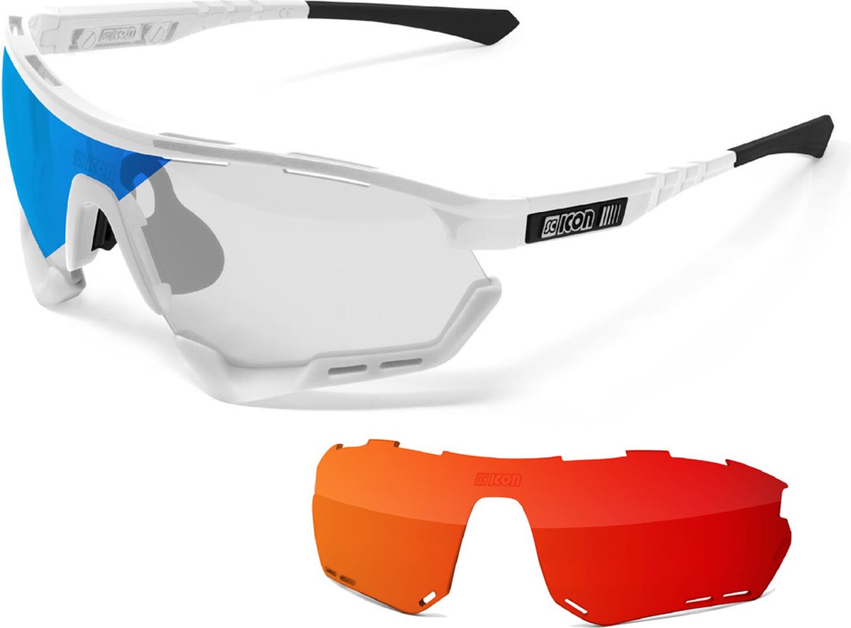 Scicon - Fietsbril - Aerotech XL - Wit Gloss - Fotochrome Lens Blauw + extra Multimirror Lens Rood