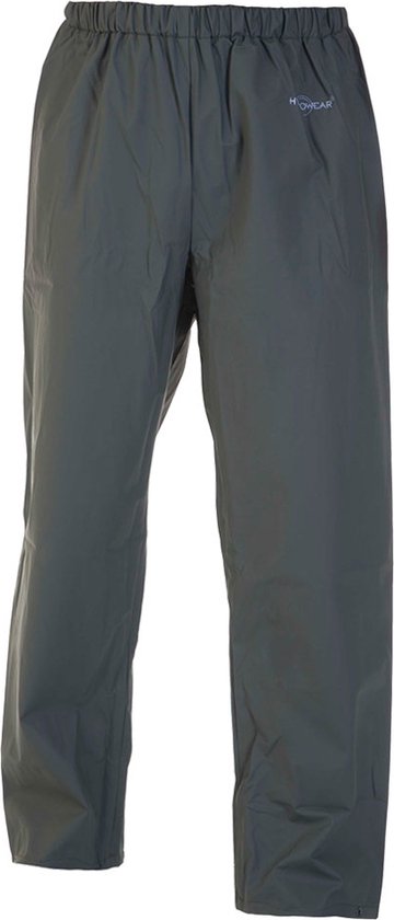 Donkergroene, losvallende regenbroek van Hydrowear met elastische tailleband en rechte pijpen.