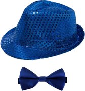 Toppers in concert - Carnaval verkleed set - hoedje en vlinderstrikje - blauw - volwassenen - glitters