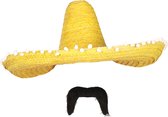 Carnaval verkleed set - Mexicaanse sombrero hoed 60 cm met plaksnor - geel - heren