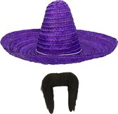 Carnaval verkleed set - Mexicaanse sombrero hoed dia 49 cm met plaksnor - paars - heren