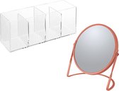 Spirella Make-up organizer en spiegel set - 4 vakjes - plastic/metaal - 5x zoom spiegel - terra/transparant