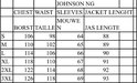 Maattabel JOHNSON NG voor borst, taille, mouwen en jaslengte