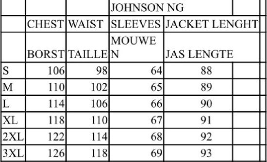 Maattabel JOHNSON NG voor borst, taille, mouwen en jaslengte