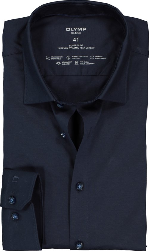 OLYMP No. 6 super slim fit overhemd 24/7 - mouwlengte 7 - marine blauw tricot - Strijkvriendelijk - Boordmaat: 40