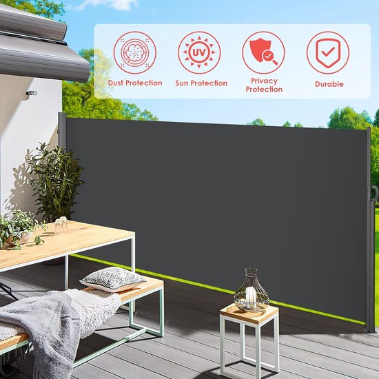 Zijmarkies 160 x 300 cm (h x l), 100% aluminium polyester 280 g/m² zijwandluifel, uittrekbaar, inkijkbescherming, zijrolgordijn, zonwering, waterdicht, PU-coating, voor balkon