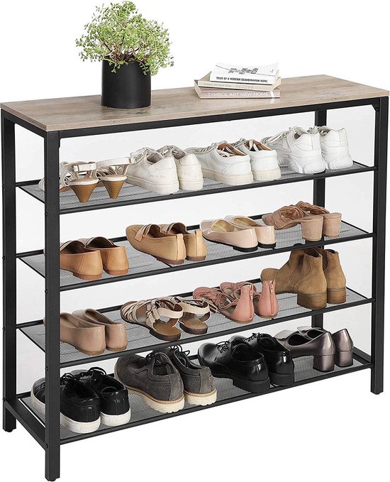 VASAGLE schoenenrek, schoenenrek met 4 rasterniveaus en royaal oppervlak voor tassen, voor de entree, hal, 100 x 30 x 92,5 cm, industrieel ontwerp, grijs-zwart