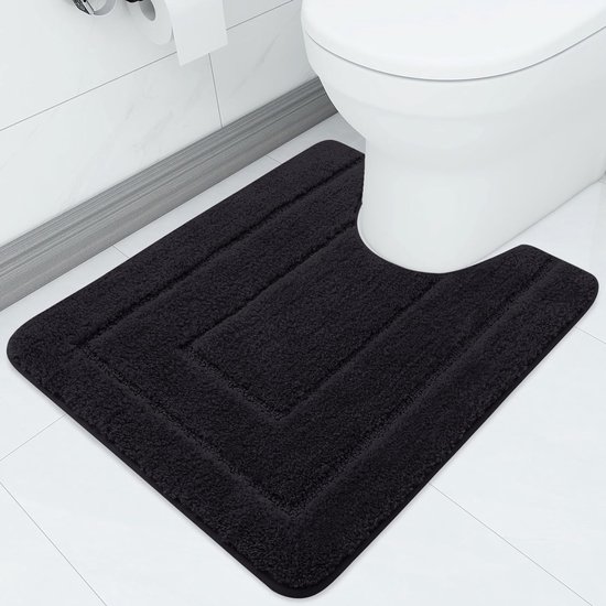 Microvezel badkamermat Antislip Zachte toiletmat met uitsparing 50 x 60 cm, Absorberende badmat voor toilet, Wasbare badmat voor toilet, Zwart.