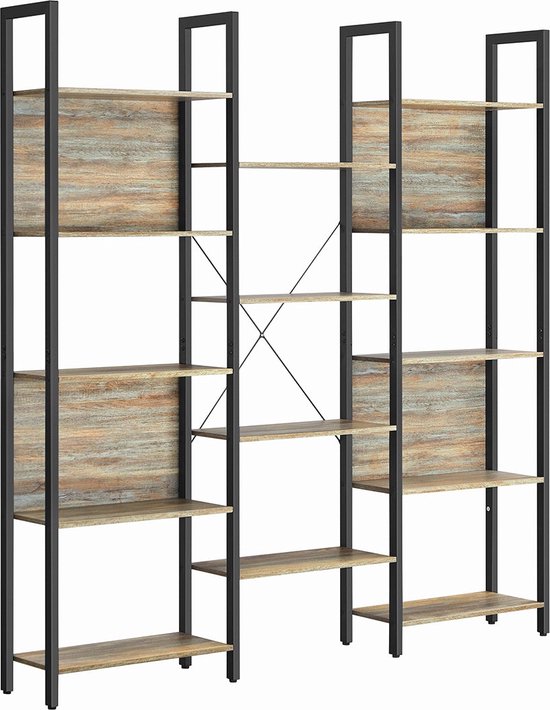 VASAGLE Boekenkast, 14-vaks staande boekenkast, plank met metalen frame, voor woonkamer, studeerkamer, kantoor, industrieel ontwerp, 24 x 158 x 166 cm, eikenkleur met blauwe nerf-zwart