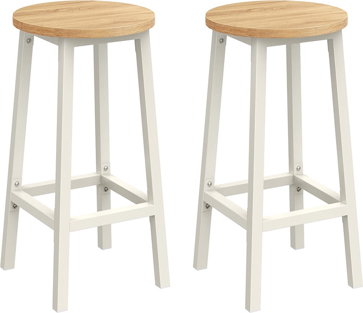 Barkrukken, 2-delige set, barstoelen, keukenstoelen met metalen frame, eenvoudige montage, met voetensteun, voor keuken, woonkamer, eetkamer, eikenbeige-wit