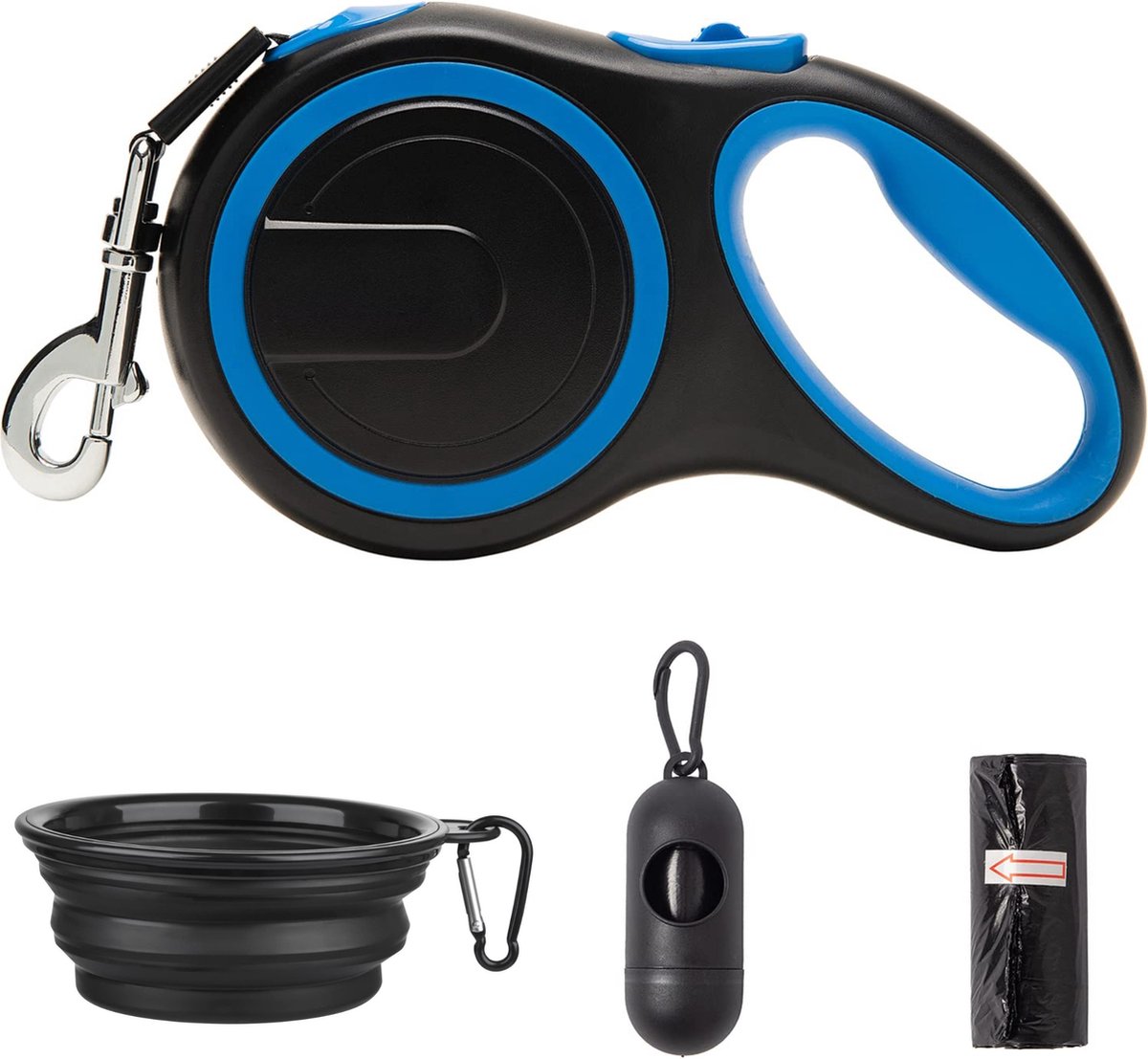 JAXY Hondenriemset - Hondenriem - Looplijn Hond - Rollijn Hond 8 Meter - Honden tot 50kg - Inclusief Poepzakjeshouder en Reisvoerbak - Kleine/Middelgrote/Grote Honden - Blauw