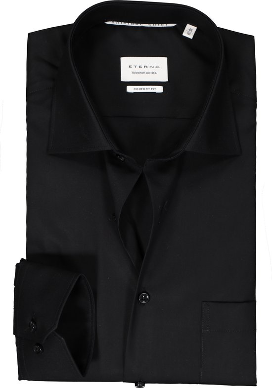 ETERNA comfort fit overhemd - popeline - zwart - Strijkvrij - Boordmaat: 48