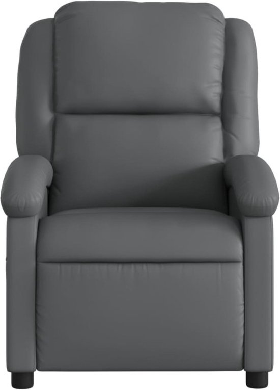Grijze fauteuil, recht van voren gezien.