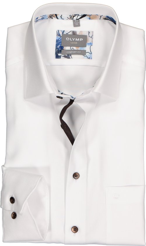 OLYMP Luxor comfort fit overhemd - wit twill (contrast) - Strijkvrij - Boordmaat: 40