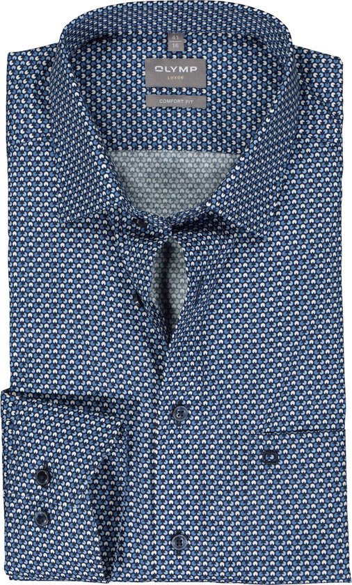 OLYMP comfort fit overhemd - popeline - blauw met wit dessin - Strijkvrij - Boordmaat: 44