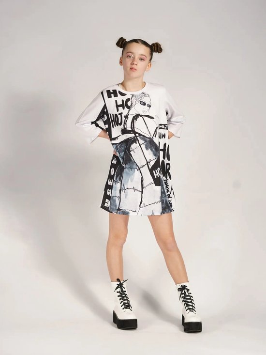 HOJ T-SHIRT JURK MET ILLUSTRATIES EN GRAFFITI - wit kinderkleding herfst winter voorjaar streetstyle kinderkleding trui meisje maat 152/158