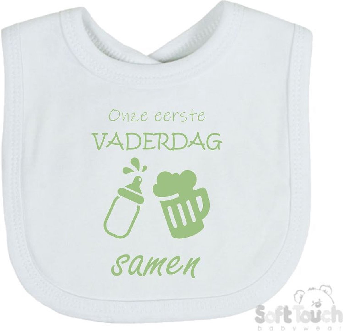 Goedkoopste Soft Touch Slabber Slabbetje Slab Onze eerste vaderdag samen Vaderdag Unisex Katoen Wit/sage green (saliegroen) Maat 33x22 Cm