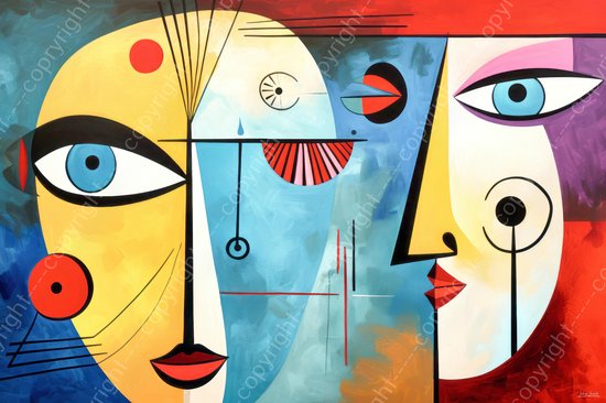 JJ-Art (Canvas) 120x80 | Gezichten vrouwen, abstract, Picasso, Joan Miro, kubisme, kunst | kleurrijk, bruin, blauw, rood, geel, paars, modern | Foto-Schilderij canvas print (wanddecoratie)