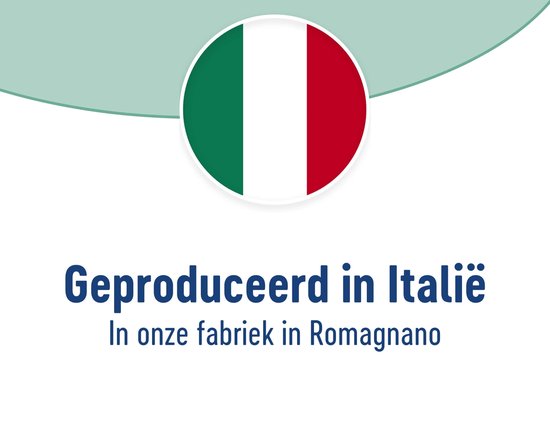 De Italiaanse vlag met de tekst 'Geproduceerd in Italië'.