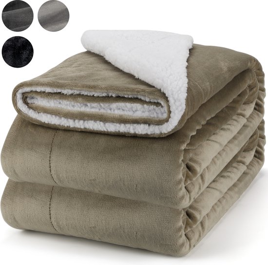 Pazzo Goods® Fleece deken 220 x 170 cm - Khaki - XXL - Plaid - Deken voor op de bank - vaderdag