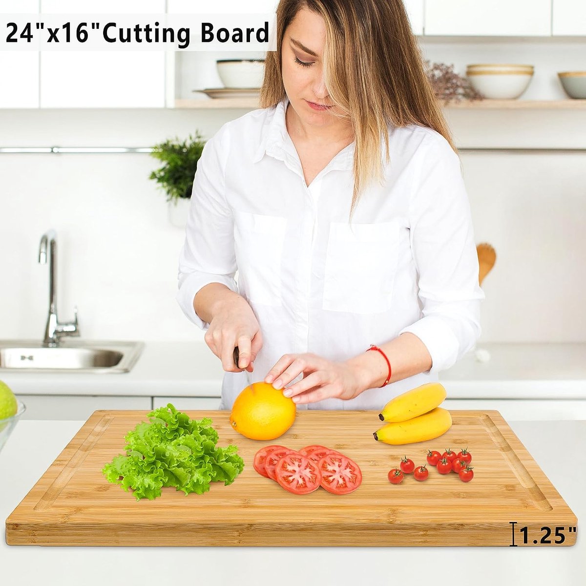 Extra Grote Snijplank 60 x 40 x 2 CM, TJ POP Rubberhout Keuken Snijplank met Sapgroef en Handvat voor Kalkoen, Vlees, Groenten, Brood, Kaas
