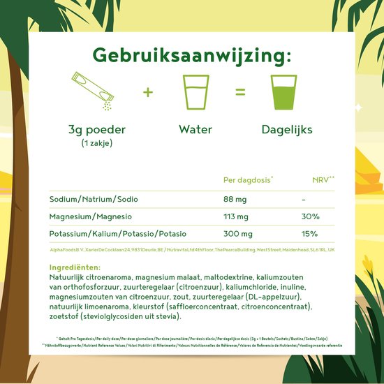 Elektrolytenpoeder - elektrolytendrank citroen - mineraalcomplexdrank zonder suiker, elektrolyten natrium, magnesium, kalium voor hydratatie - veganistisch - 30 porties elektrolyten - ALPHA FOODS